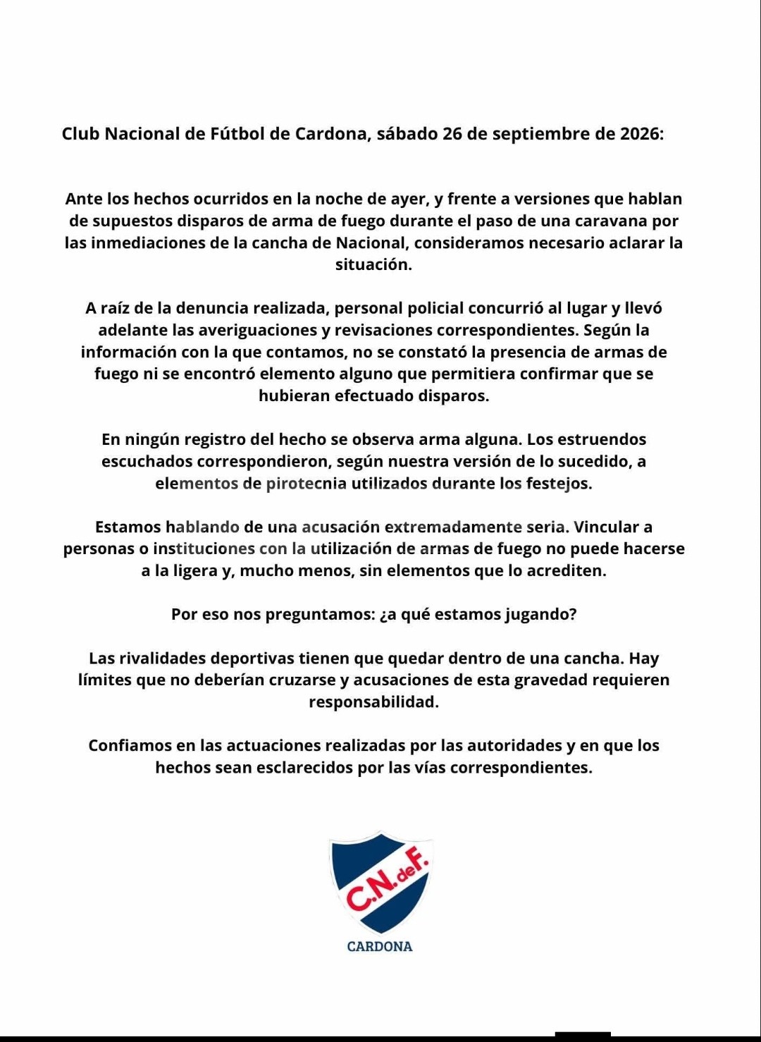 Club Nacional emite un comunicado tras los hechos de público conocimiento