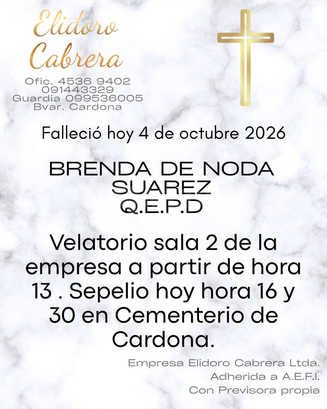 Falleció Brenda De Noda Suárez; velatorio y sepelio este domingo en Cardona