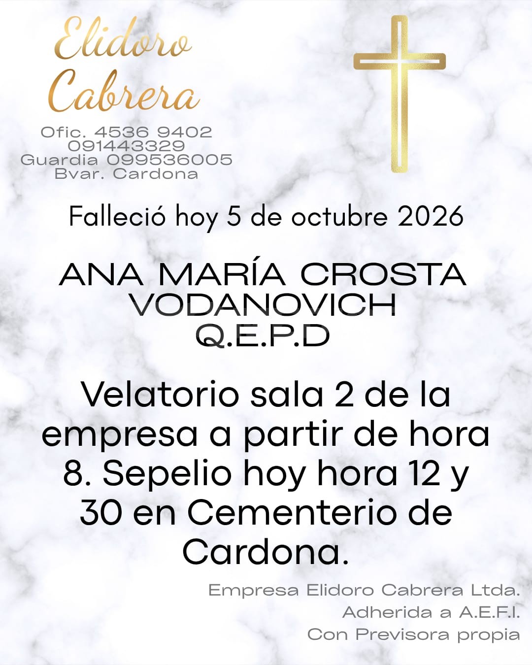 Falleció Ana María Crosta Vodanovich.