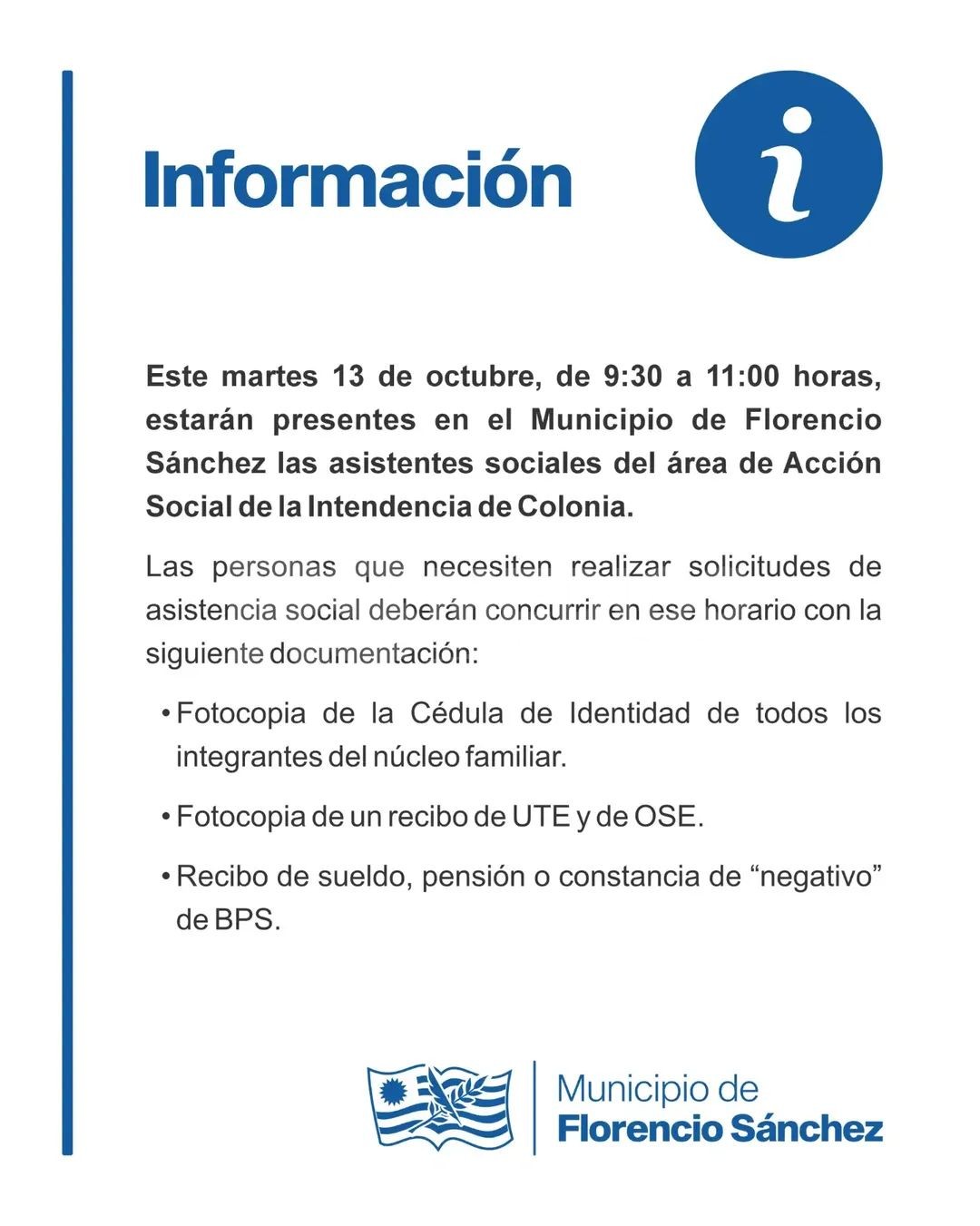 Asistencia social de la Intendencia de Colonia atenderá en Florencio Sánchez